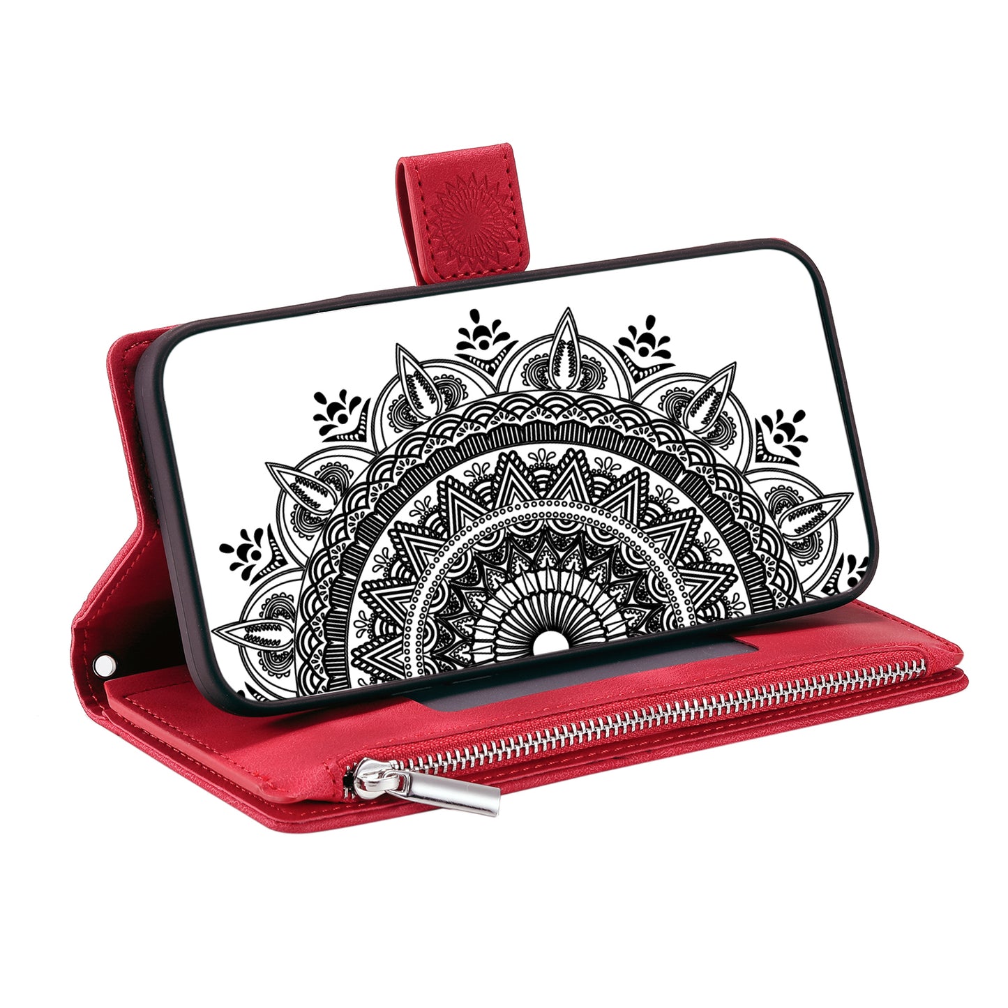 Mandala Flower Imprinted PU Leather Cover for iPhone 15 Zipper Pocket Anti-Drop Wallet Phone Case with Strap - Red