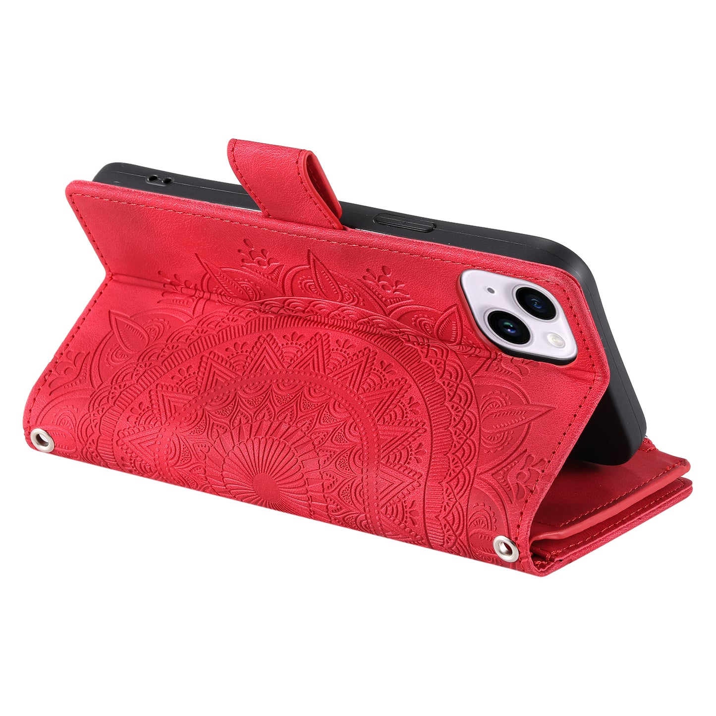 Mandala Flower Imprinted PU Leather Cover for iPhone 15 Zipper Pocket Anti-Drop Wallet Phone Case with Strap - Red