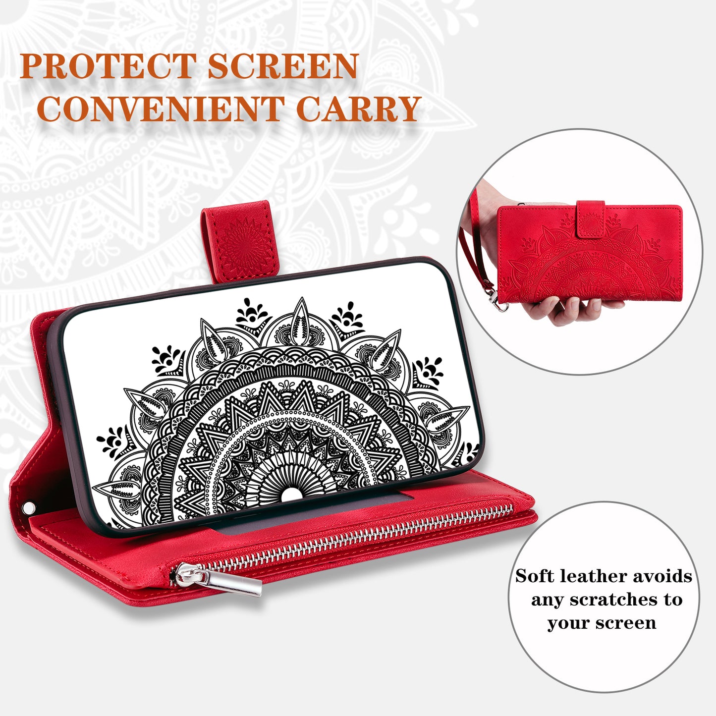 Mandala Flower Imprinted PU Leather Cover for iPhone 15 Zipper Pocket Anti-Drop Wallet Phone Case with Strap - Red