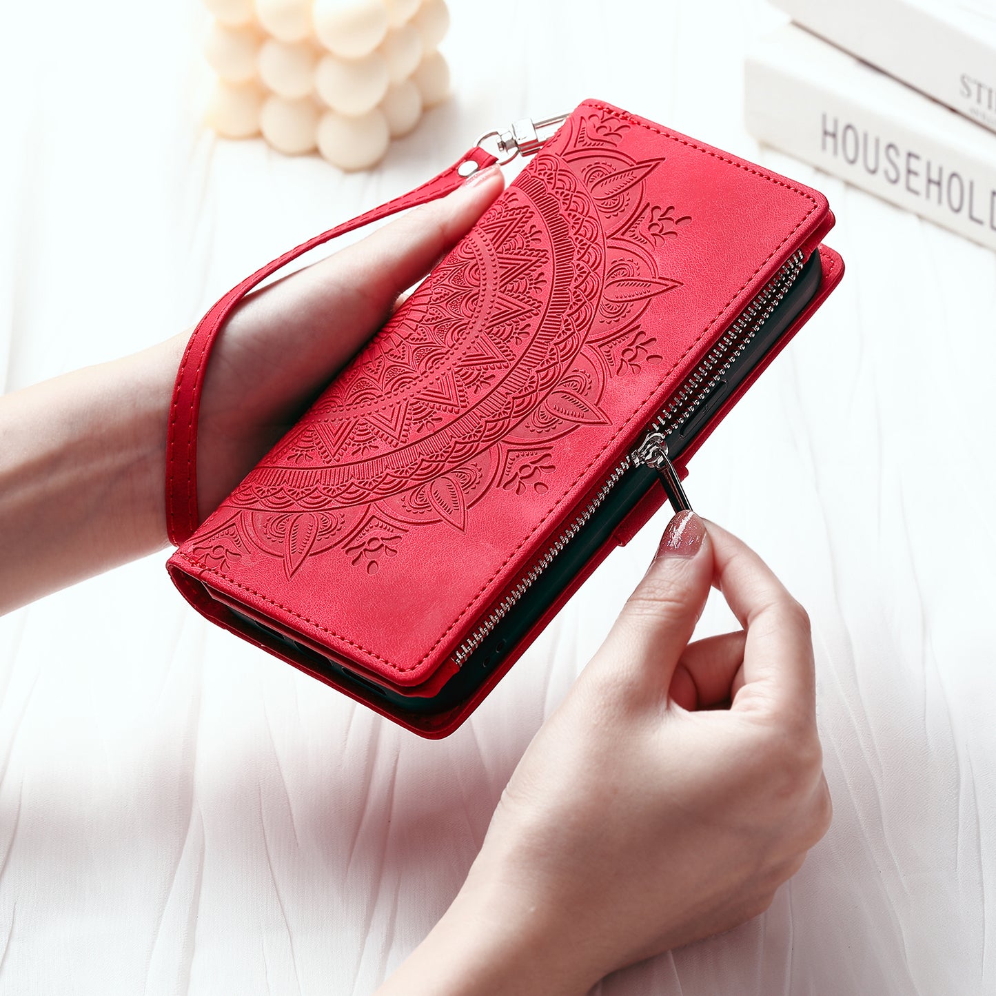 Mandala Flower Imprinted PU Leather Cover for iPhone 15 Zipper Pocket Anti-Drop Wallet Phone Case with Strap - Red