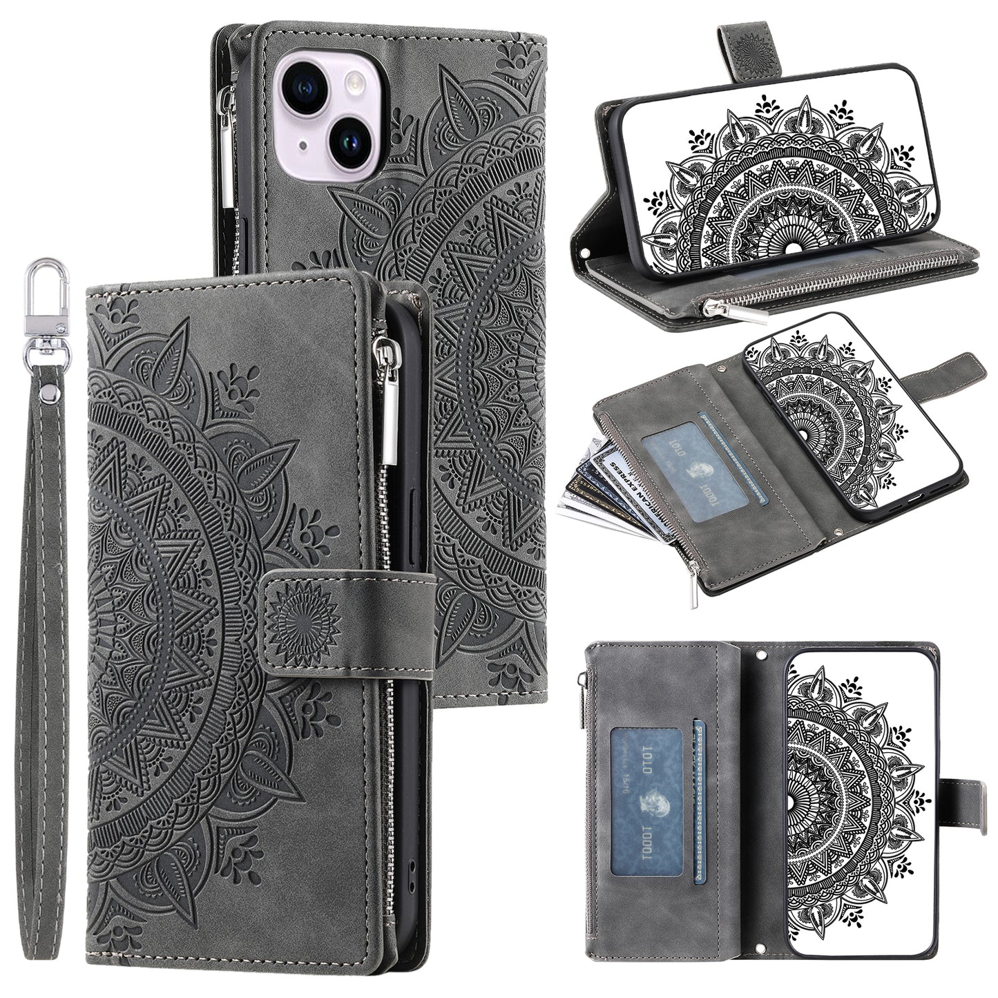Mandala Flower Imprinted PU Leather Cover for iPhone 15 Zipper Pocket Anti-Drop Wallet Phone Case with Strap - Grey