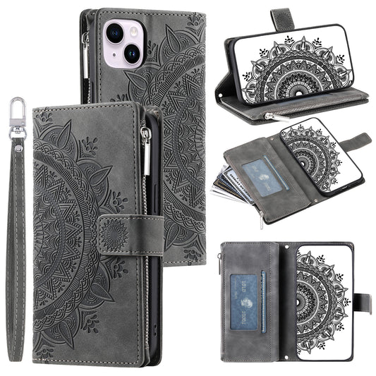 Mandala Flower Imprinted PU Leather Cover for iPhone 15 Zipper Pocket Anti-Drop Wallet Phone Case with Strap - Grey