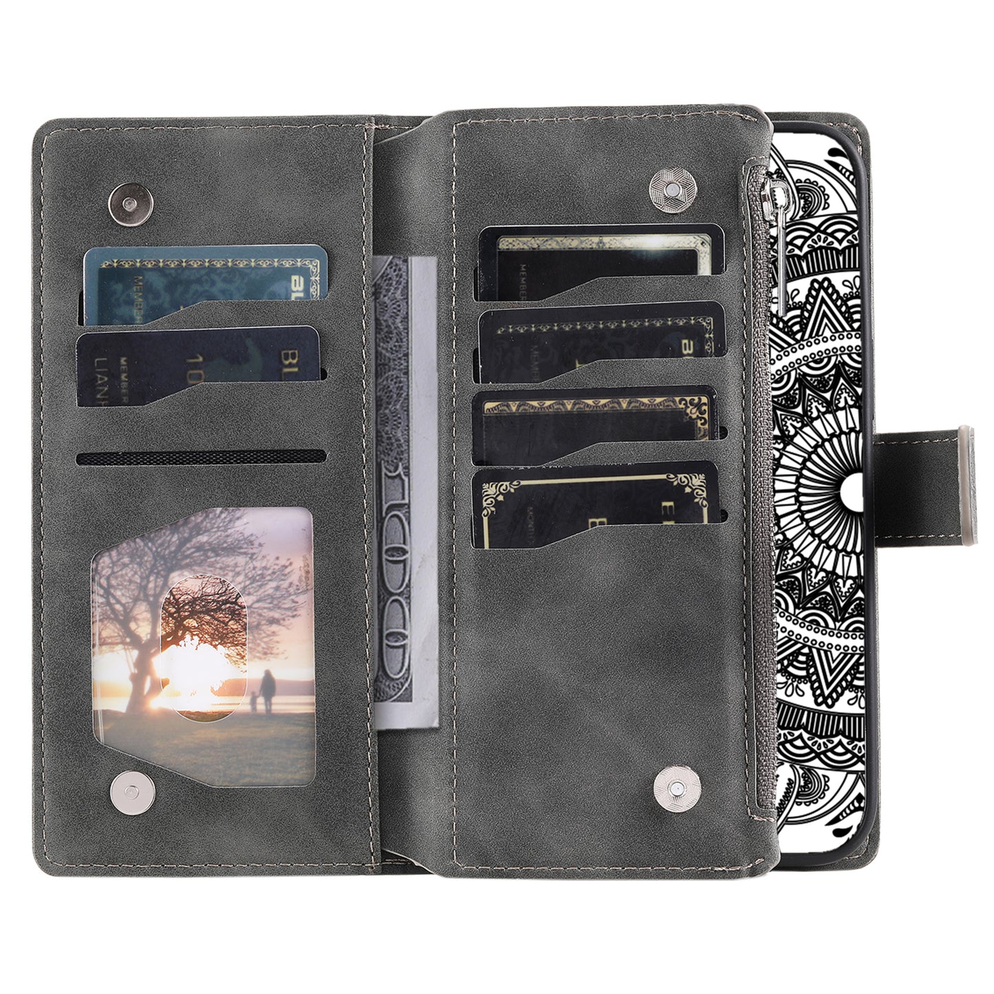 Mandala Flower Imprinted PU Leather Cover for iPhone 15 Zipper Pocket Anti-Drop Wallet Phone Case with Strap - Grey