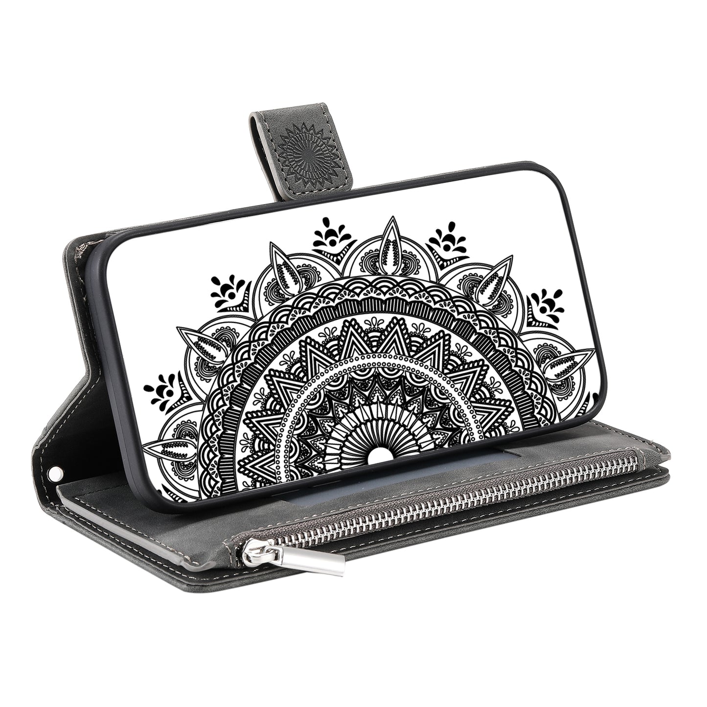 Mandala Flower Imprinted PU Leather Cover for iPhone 15 Zipper Pocket Anti-Drop Wallet Phone Case with Strap - Grey