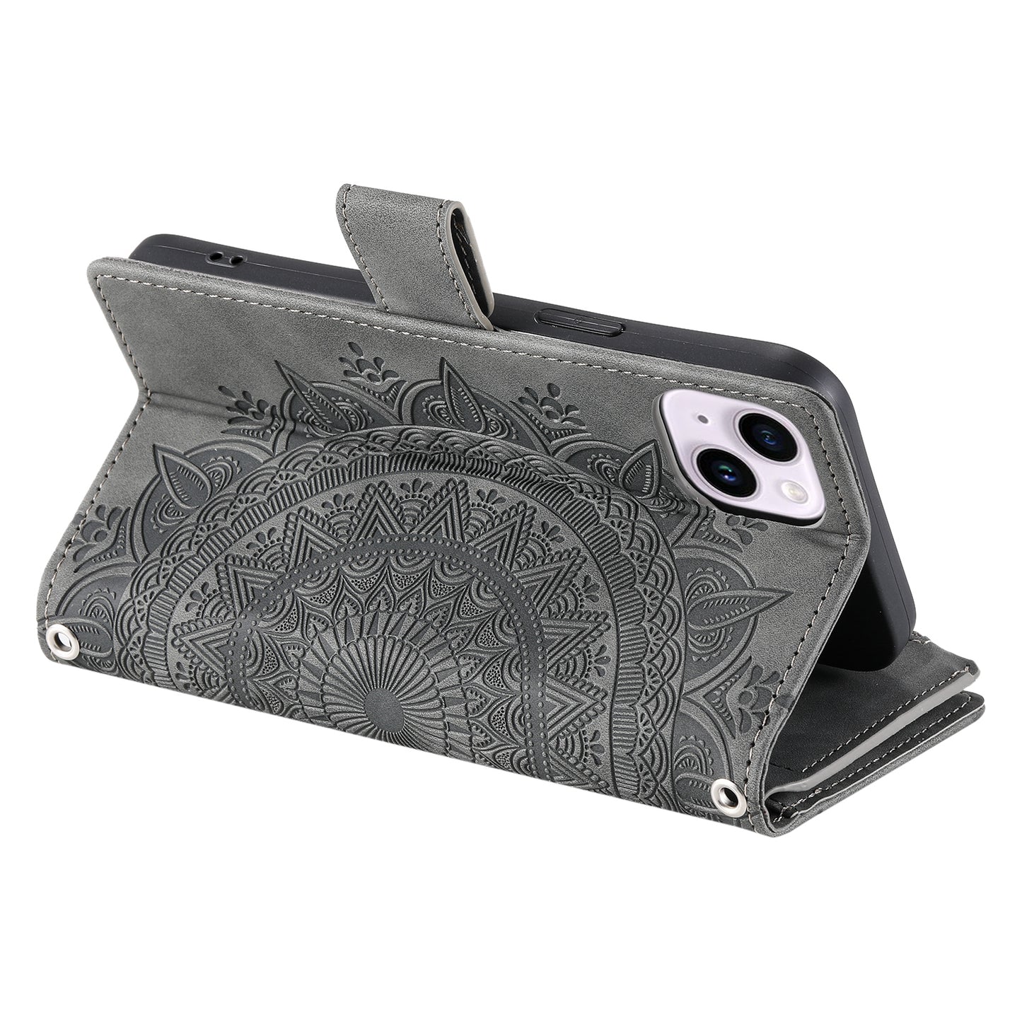 Mandala Flower Imprinted PU Leather Cover for iPhone 15 Zipper Pocket Anti-Drop Wallet Phone Case with Strap - Grey
