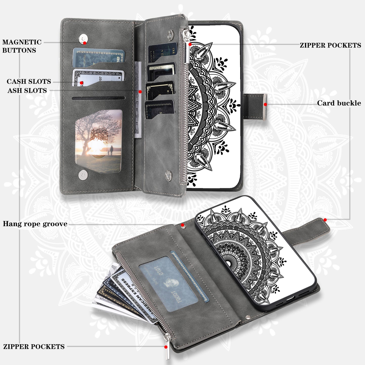 Mandala Flower Imprinted PU Leather Cover for iPhone 15 Zipper Pocket Anti-Drop Wallet Phone Case with Strap - Grey