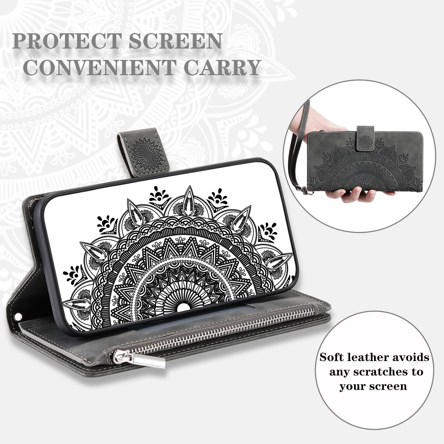 Mandala Flower Imprinted PU Leather Cover for iPhone 15 Zipper Pocket Anti-Drop Wallet Phone Case with Strap - Grey