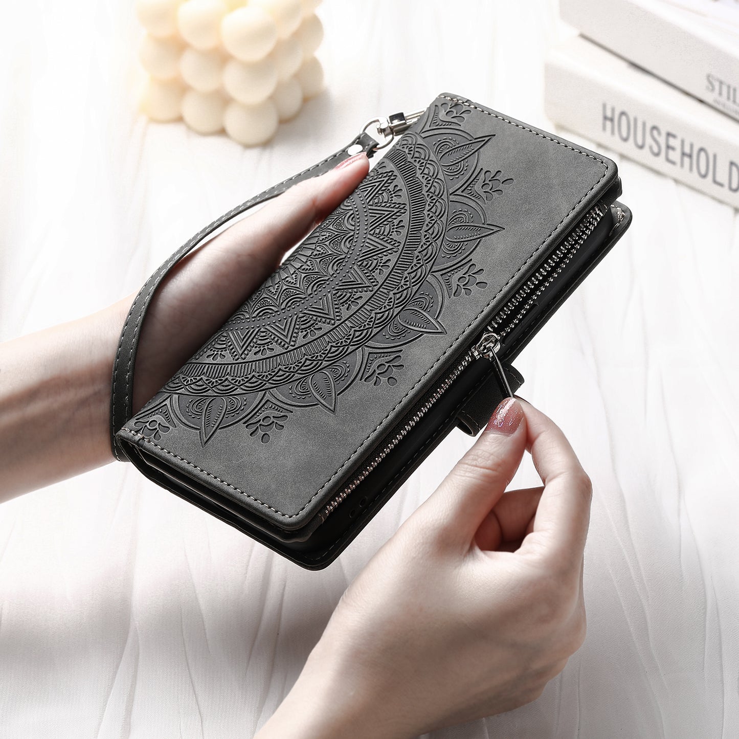 Mandala Flower Imprinted PU Leather Cover for iPhone 15 Zipper Pocket Anti-Drop Wallet Phone Case with Strap - Grey