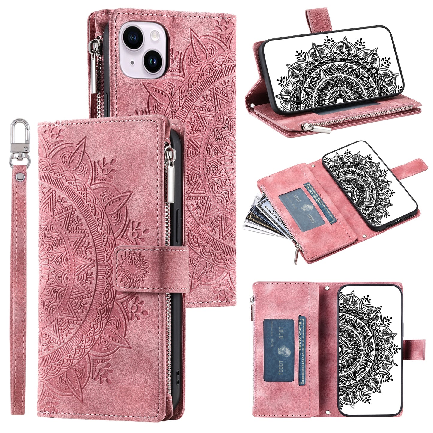 Mandala Flower Imprinted PU Leather Cover for iPhone 15 Zipper Pocket Anti-Drop Wallet Phone Case with Strap - Rose Gold