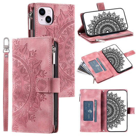 Mandala Flower Imprinted PU Leather Cover for iPhone 15 Zipper Pocket Anti-Drop Wallet Phone Case with Strap - Rose Gold