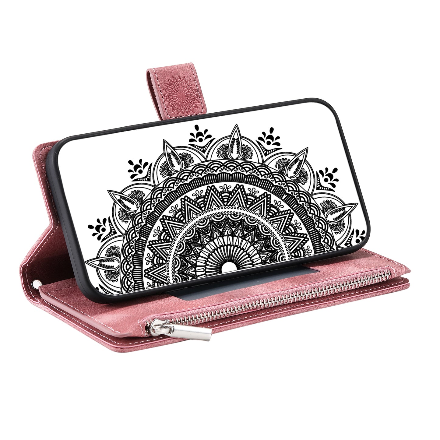 Mandala Flower Imprinted PU Leather Cover for iPhone 15 Zipper Pocket Anti-Drop Wallet Phone Case with Strap - Rose Gold