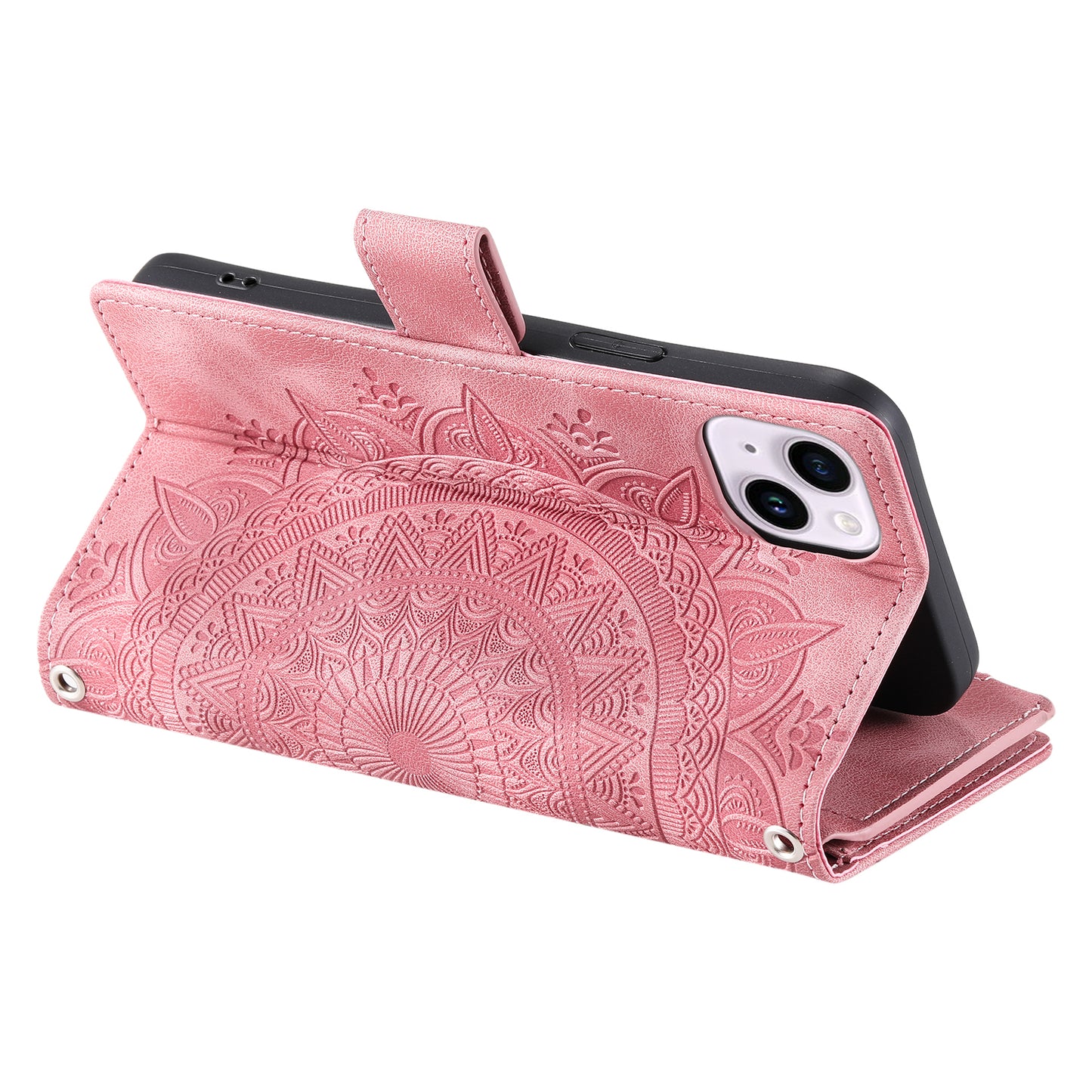 Mandala Flower Imprinted PU Leather Cover for iPhone 15 Zipper Pocket Anti-Drop Wallet Phone Case with Strap - Rose Gold