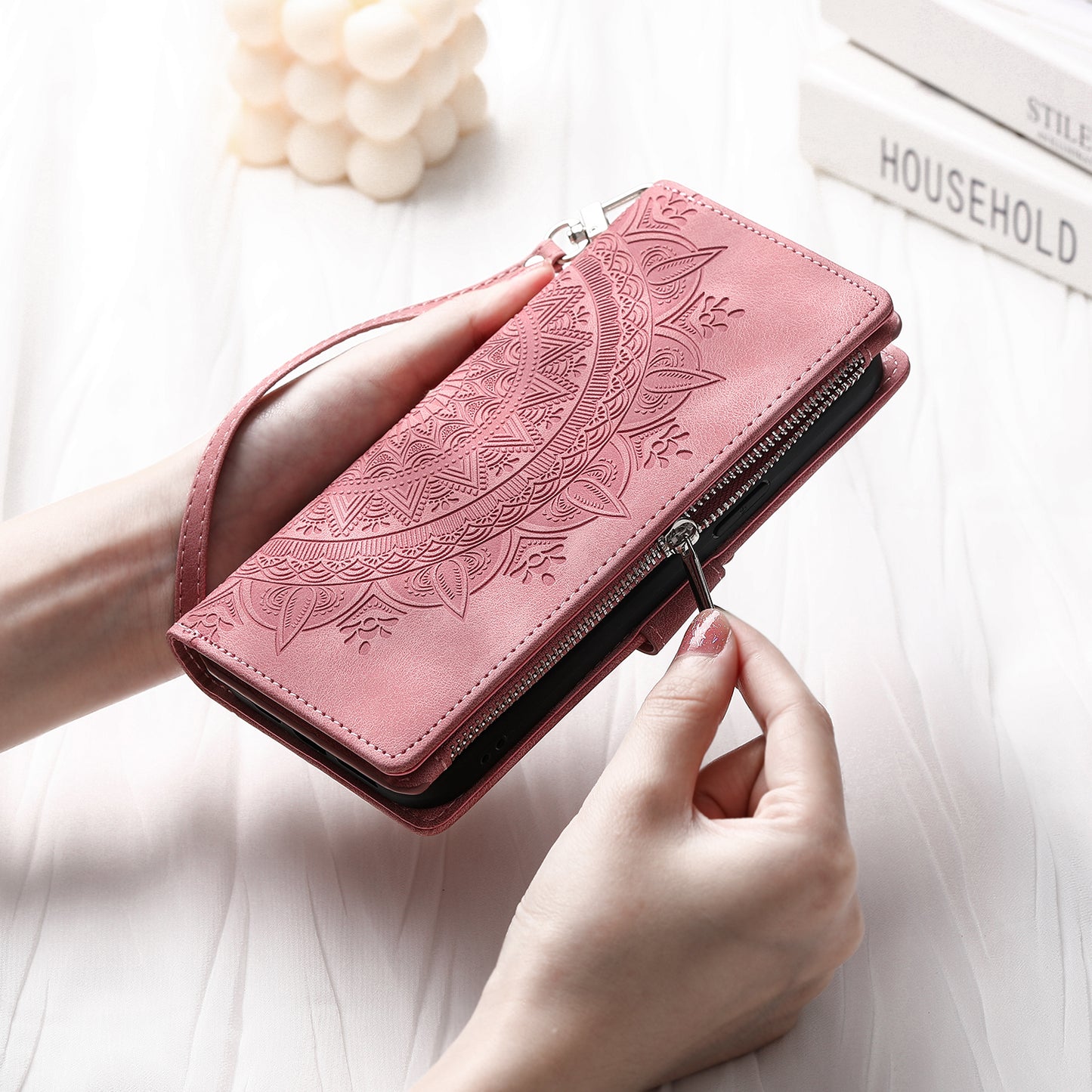 Mandala Flower Imprinted PU Leather Cover for iPhone 15 Zipper Pocket Anti-Drop Wallet Phone Case with Strap - Rose Gold
