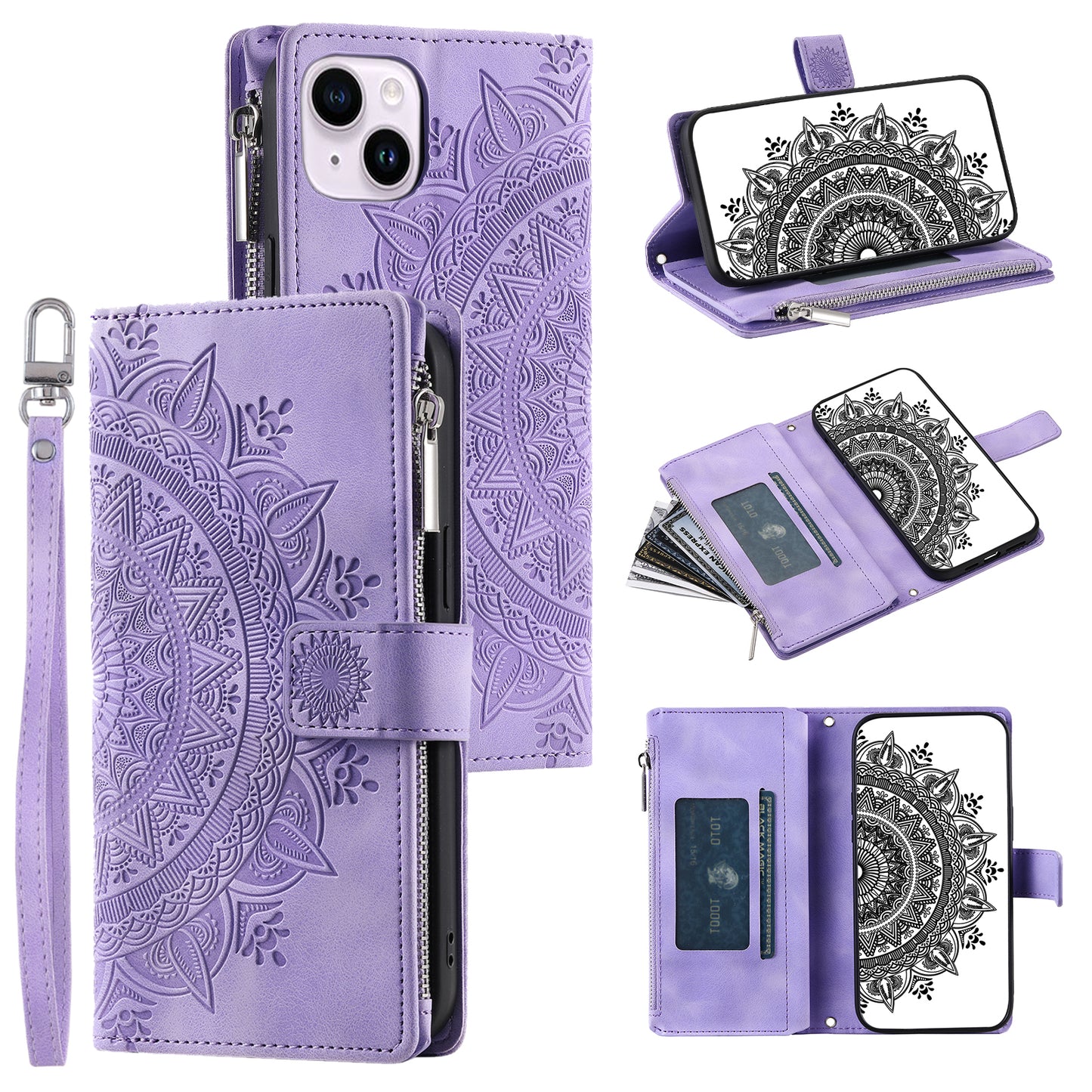 Mandala Flower Imprinted PU Leather Cover for iPhone 15 Zipper Pocket Anti-Drop Wallet Phone Case with Strap - Purple