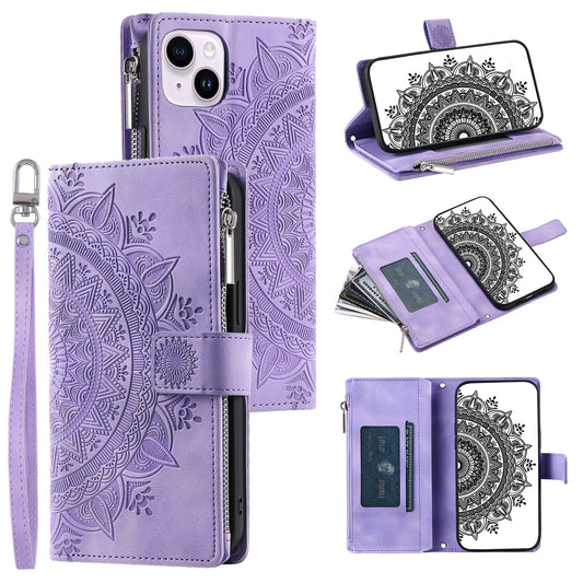 Mandala Flower Imprinted PU Leather Cover for iPhone 15 Zipper Pocket Anti-Drop Wallet Phone Case with Strap - Purple
