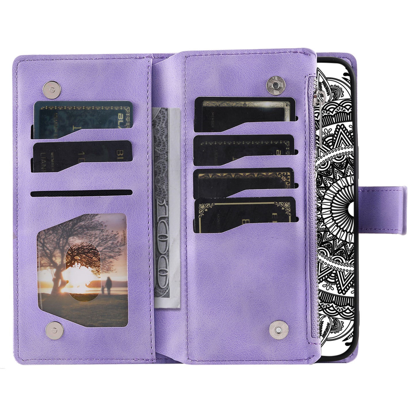 Mandala Flower Imprinted PU Leather Cover for iPhone 15 Zipper Pocket Anti-Drop Wallet Phone Case with Strap - Purple