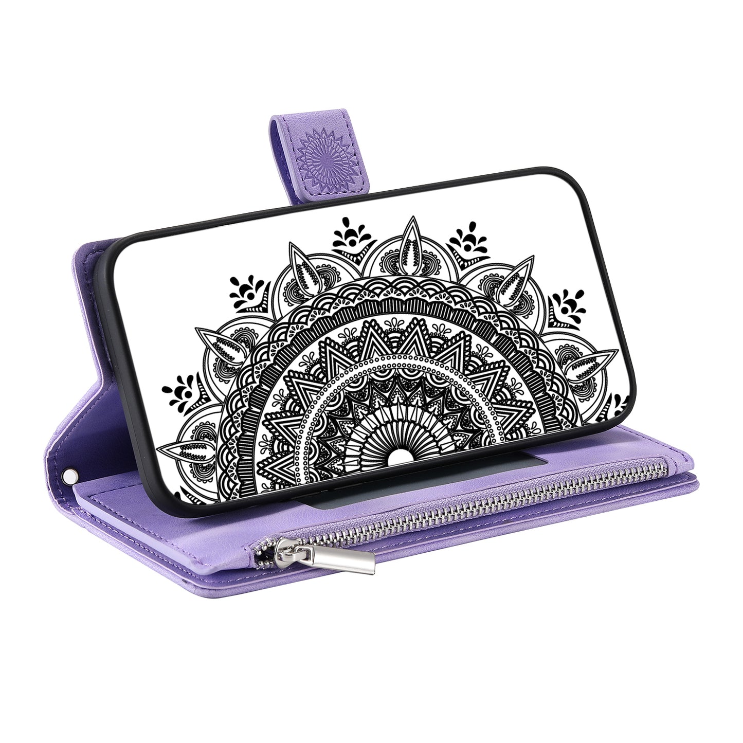 Mandala Flower Imprinted PU Leather Cover for iPhone 15 Zipper Pocket Anti-Drop Wallet Phone Case with Strap - Purple