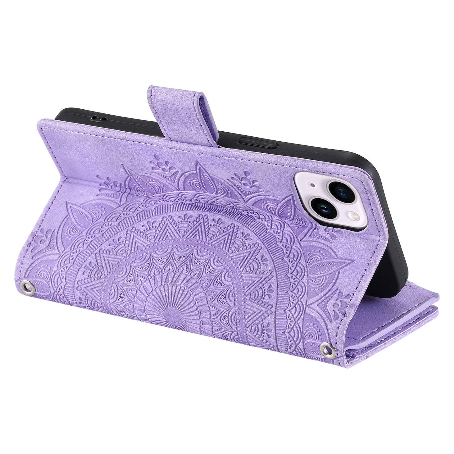 Mandala Flower Imprinted PU Leather Cover for iPhone 15 Zipper Pocket Anti-Drop Wallet Phone Case with Strap - Purple