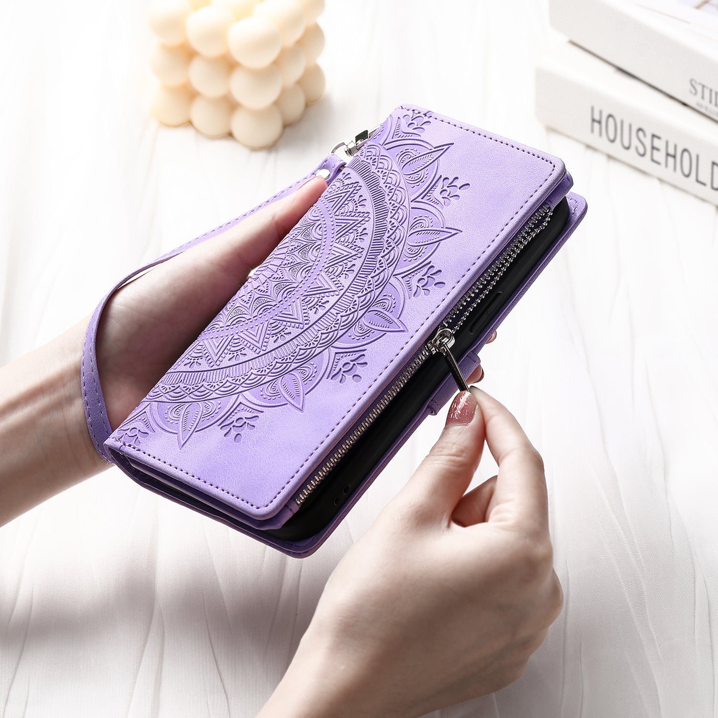 Mandala Flower Imprinted PU Leather Cover for iPhone 15 Zipper Pocket Anti-Drop Wallet Phone Case with Strap - Purple