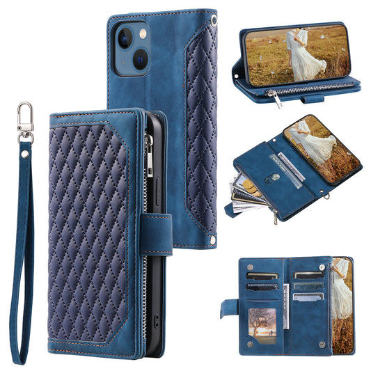 Uniqkart for iPhone 15 Anti-Dust PU Leather Phone Case Rhombus Texture Zipper Wallet Cover with Strap - Blue