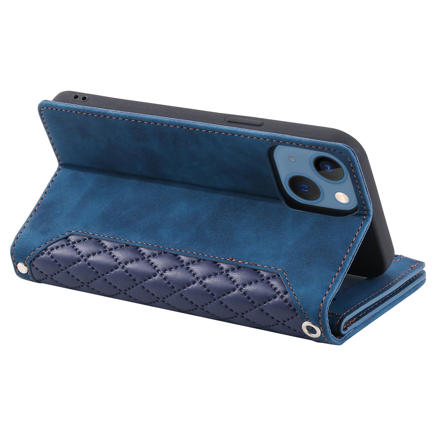 Uniqkart for iPhone 15 Anti-Dust PU Leather Phone Case Rhombus Texture Zipper Wallet Cover with Strap - Blue