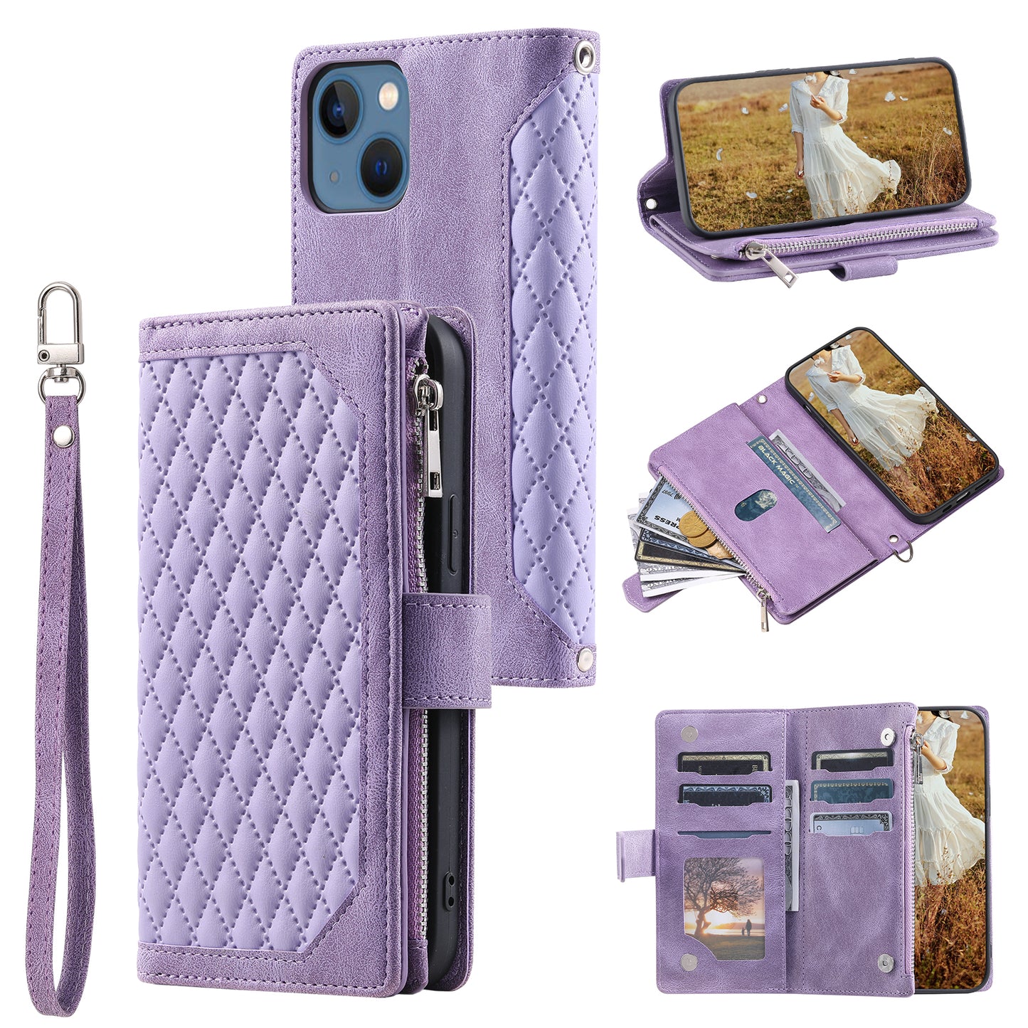 Uniqkart for iPhone 15 Anti-Dust PU Leather Phone Case Rhombus Texture Zipper Wallet Cover with Strap - Purple