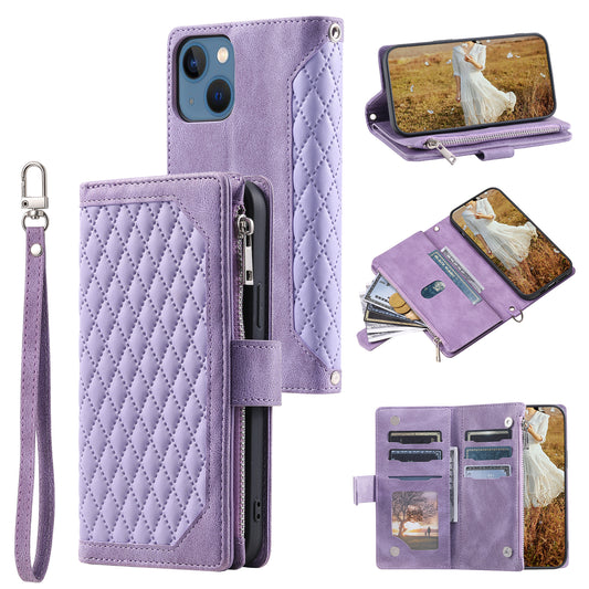 Uniqkart for iPhone 15 Anti-Dust PU Leather Phone Case Rhombus Texture Zipper Wallet Cover with Strap - Purple