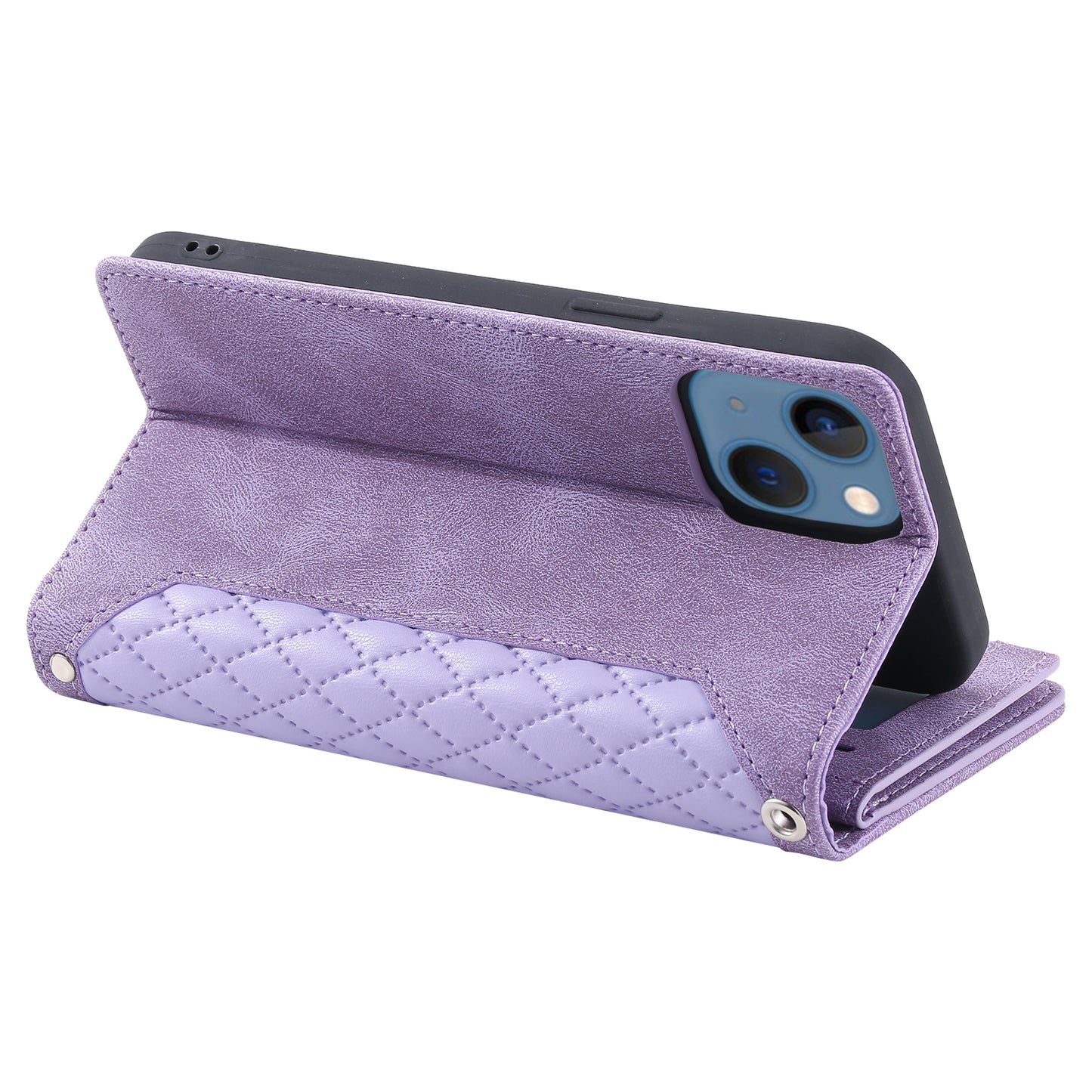 Uniqkart for iPhone 15 Anti-Dust PU Leather Phone Case Rhombus Texture Zipper Wallet Cover with Strap - Purple