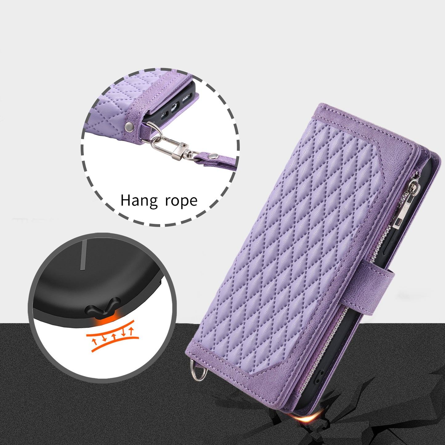 Uniqkart for iPhone 15 Anti-Dust PU Leather Phone Case Rhombus Texture Zipper Wallet Cover with Strap - Purple