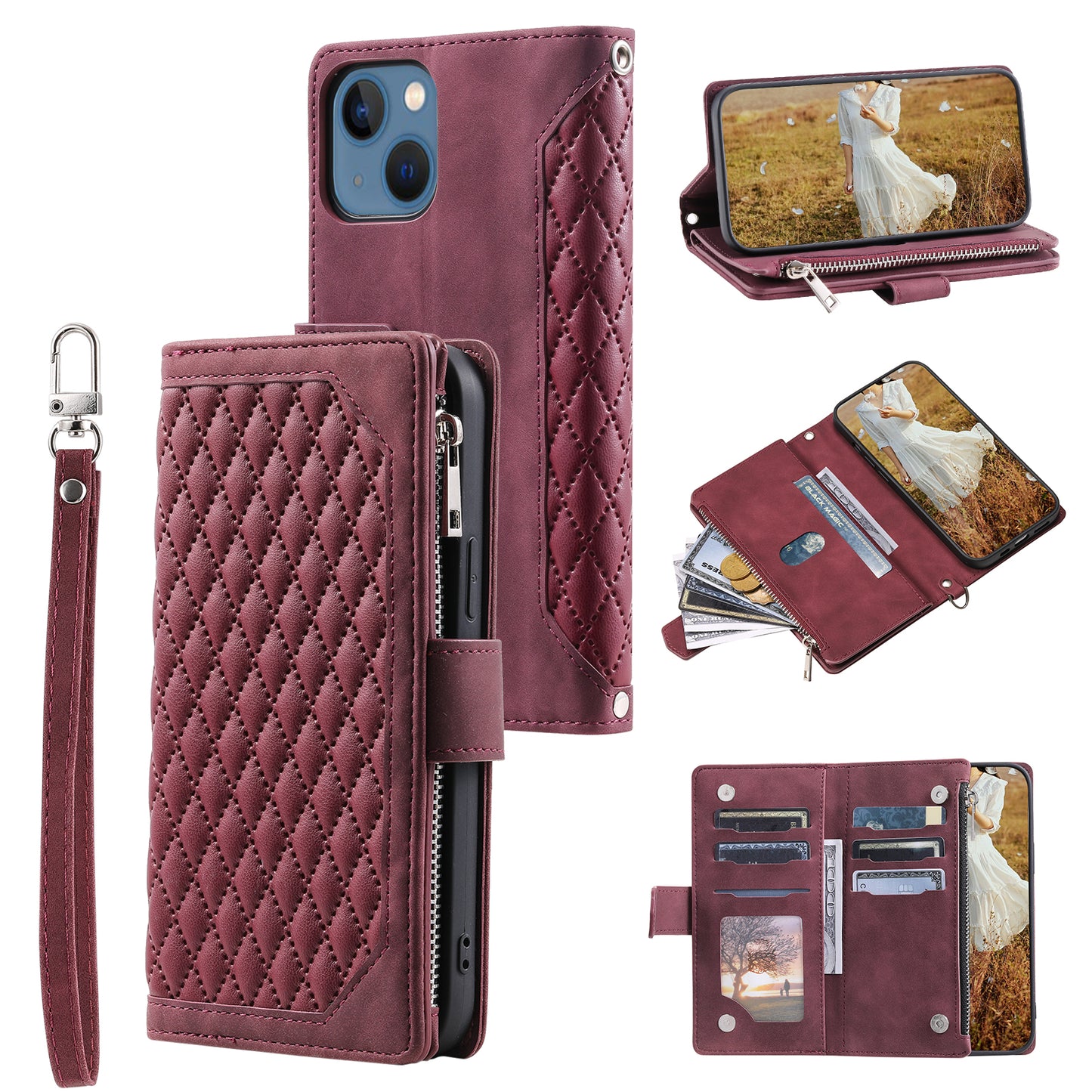 Uniqkart for iPhone 15 Anti-Dust PU Leather Phone Case Rhombus Texture Zipper Wallet Cover with Strap - Wine Red