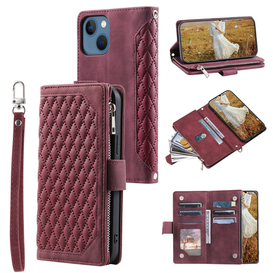 Uniqkart for iPhone 15 Anti-Dust PU Leather Phone Case Rhombus Texture Zipper Wallet Cover with Strap - Wine Red