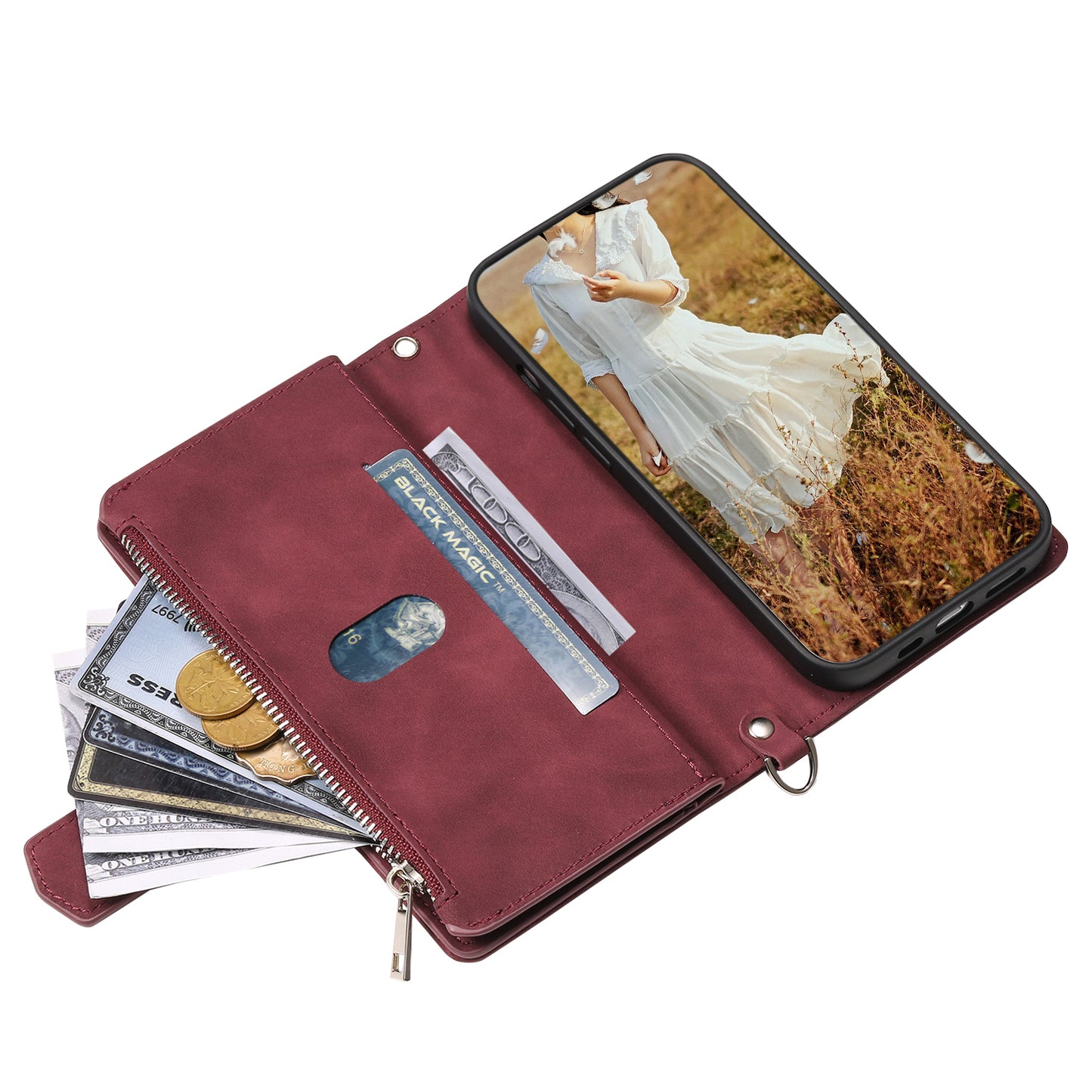 Uniqkart for iPhone 15 Anti-Dust PU Leather Phone Case Rhombus Texture Zipper Wallet Cover with Strap - Wine Red