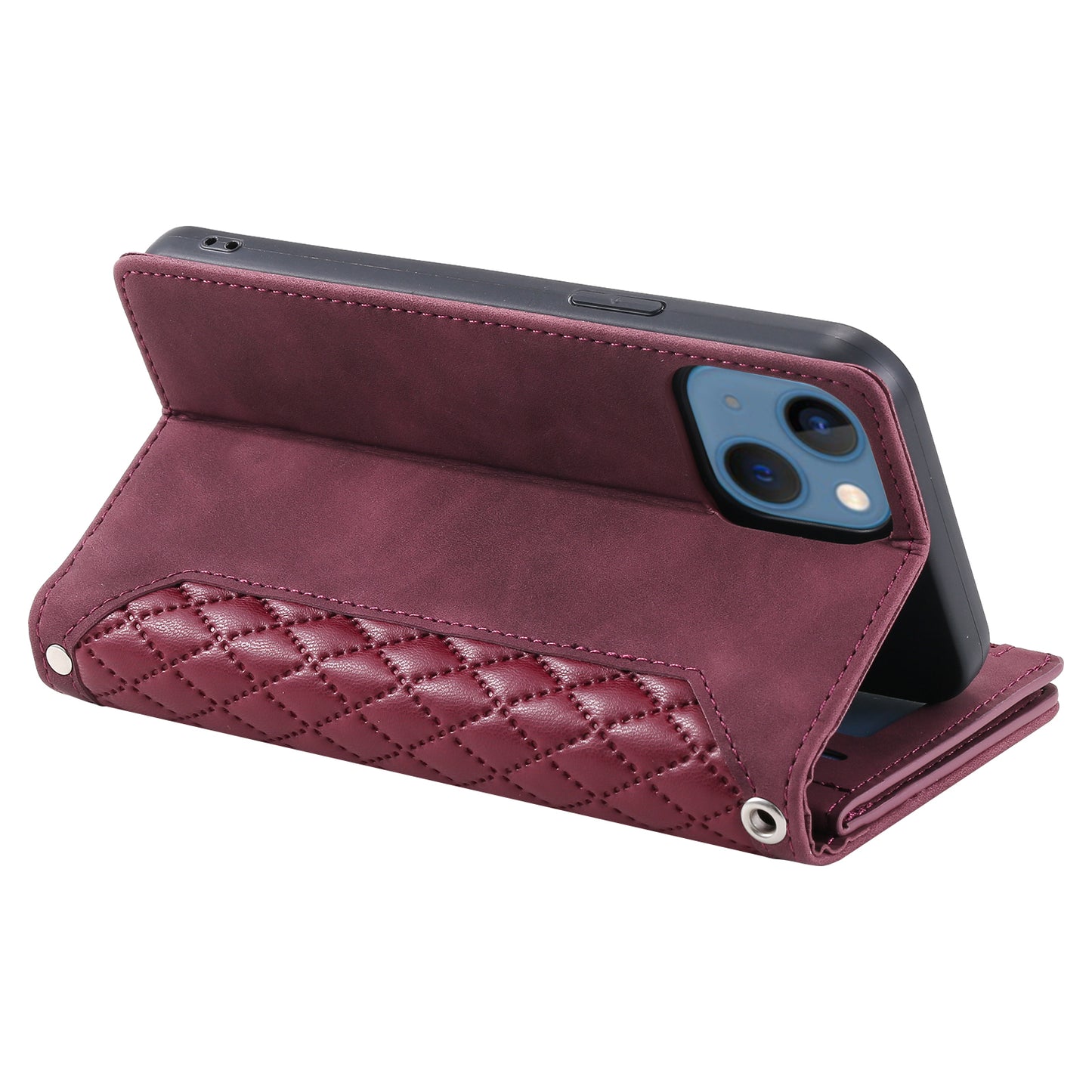 Uniqkart for iPhone 15 Anti-Dust PU Leather Phone Case Rhombus Texture Zipper Wallet Cover with Strap - Wine Red