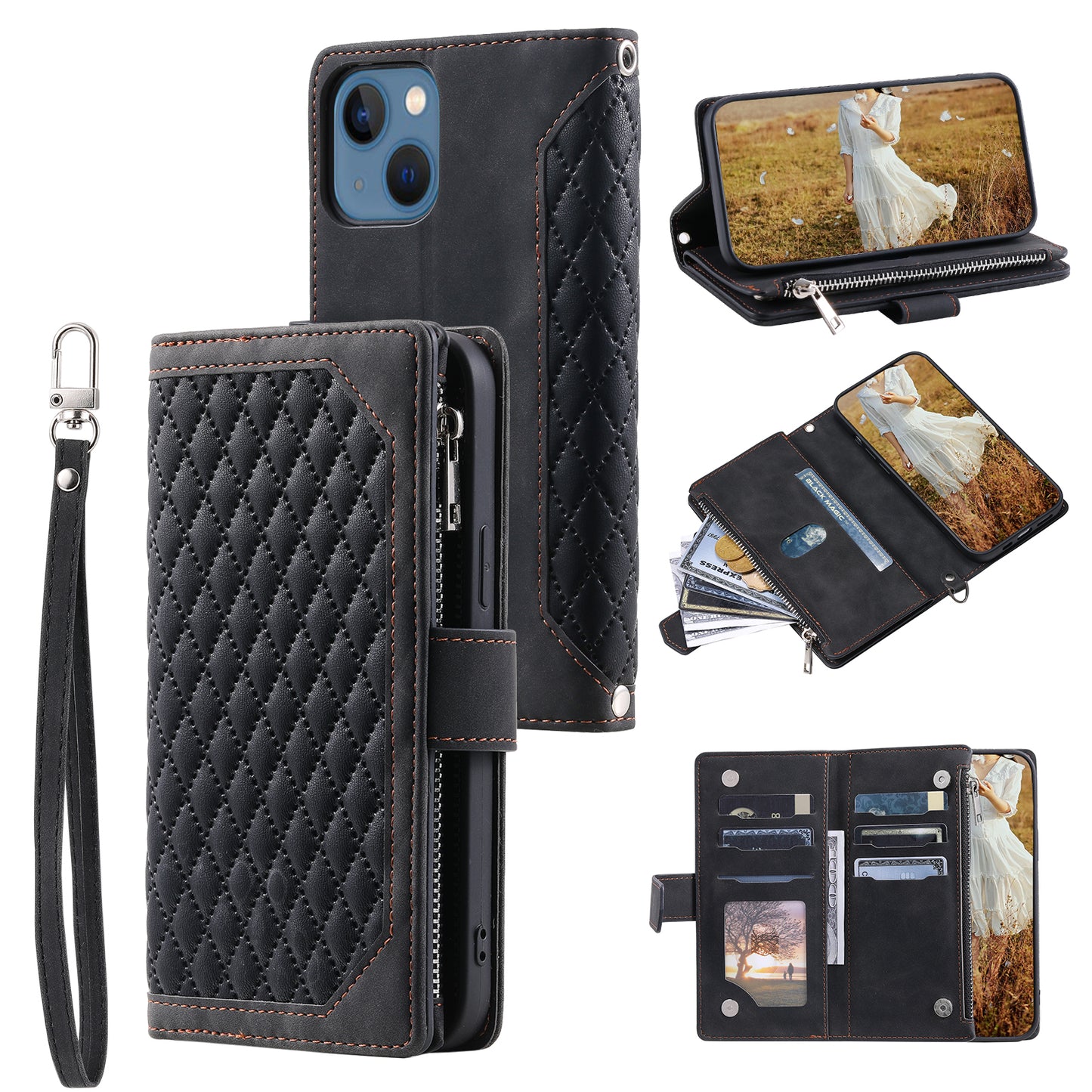 Uniqkart for iPhone 15 Anti-Dust PU Leather Phone Case Rhombus Texture Zipper Wallet Cover with Strap - Black
