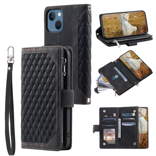 Uniqkart for iPhone 15 Anti-Dust PU Leather Phone Case Rhombus Texture Zipper Wallet Cover with Strap - Black