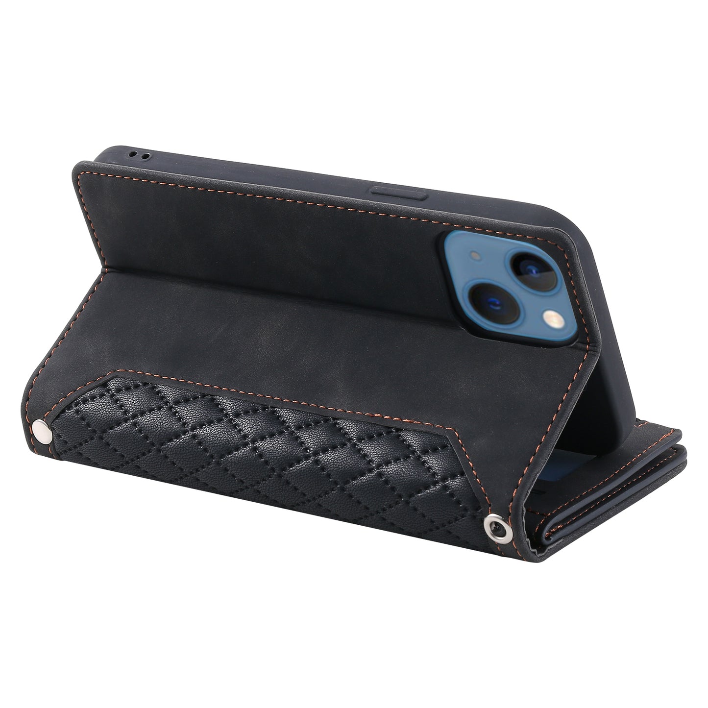 Uniqkart for iPhone 15 Anti-Dust PU Leather Phone Case Rhombus Texture Zipper Wallet Cover with Strap - Black