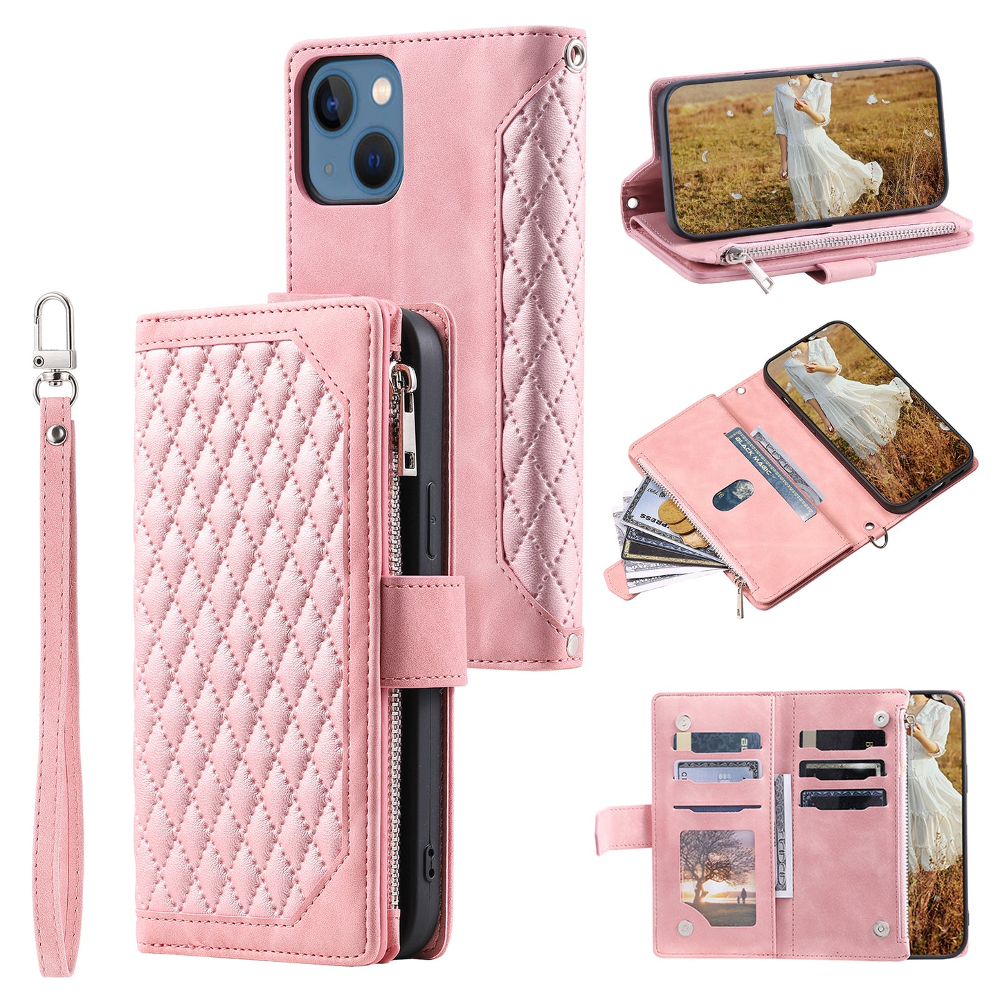 Uniqkart for iPhone 15 Anti-Dust PU Leather Phone Case Rhombus Texture Zipper Wallet Cover with Strap - Rose Gold