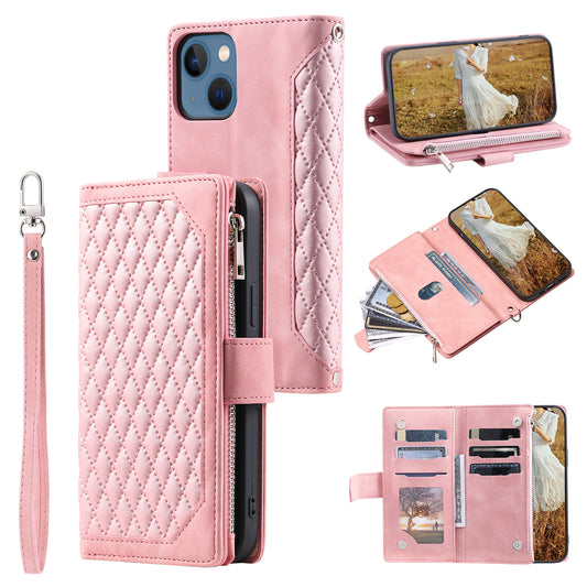 Uniqkart for iPhone 15 Anti-Dust PU Leather Phone Case Rhombus Texture Zipper Wallet Cover with Strap - Rose Gold
