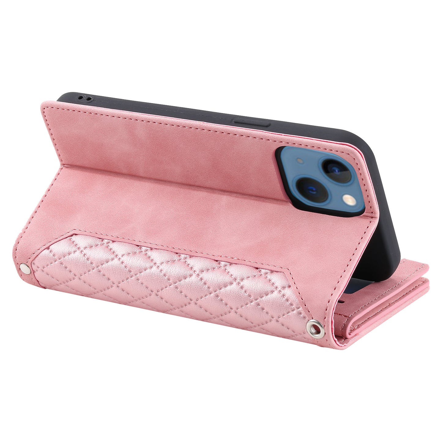 Uniqkart for iPhone 15 Anti-Dust PU Leather Phone Case Rhombus Texture Zipper Wallet Cover with Strap - Rose Gold