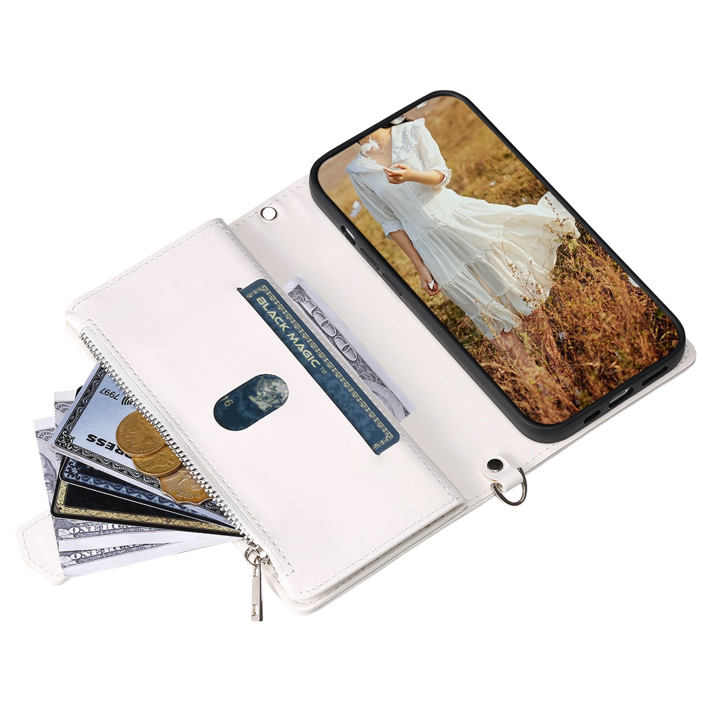 Uniqkart for iPhone 15 Anti-Dust PU Leather Phone Case Rhombus Texture Zipper Wallet Cover with Strap - White