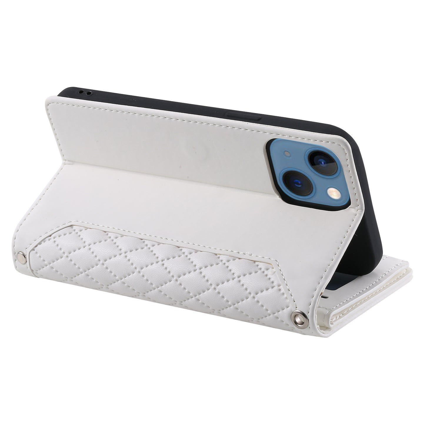Uniqkart for iPhone 15 Anti-Dust PU Leather Phone Case Rhombus Texture Zipper Wallet Cover with Strap - White