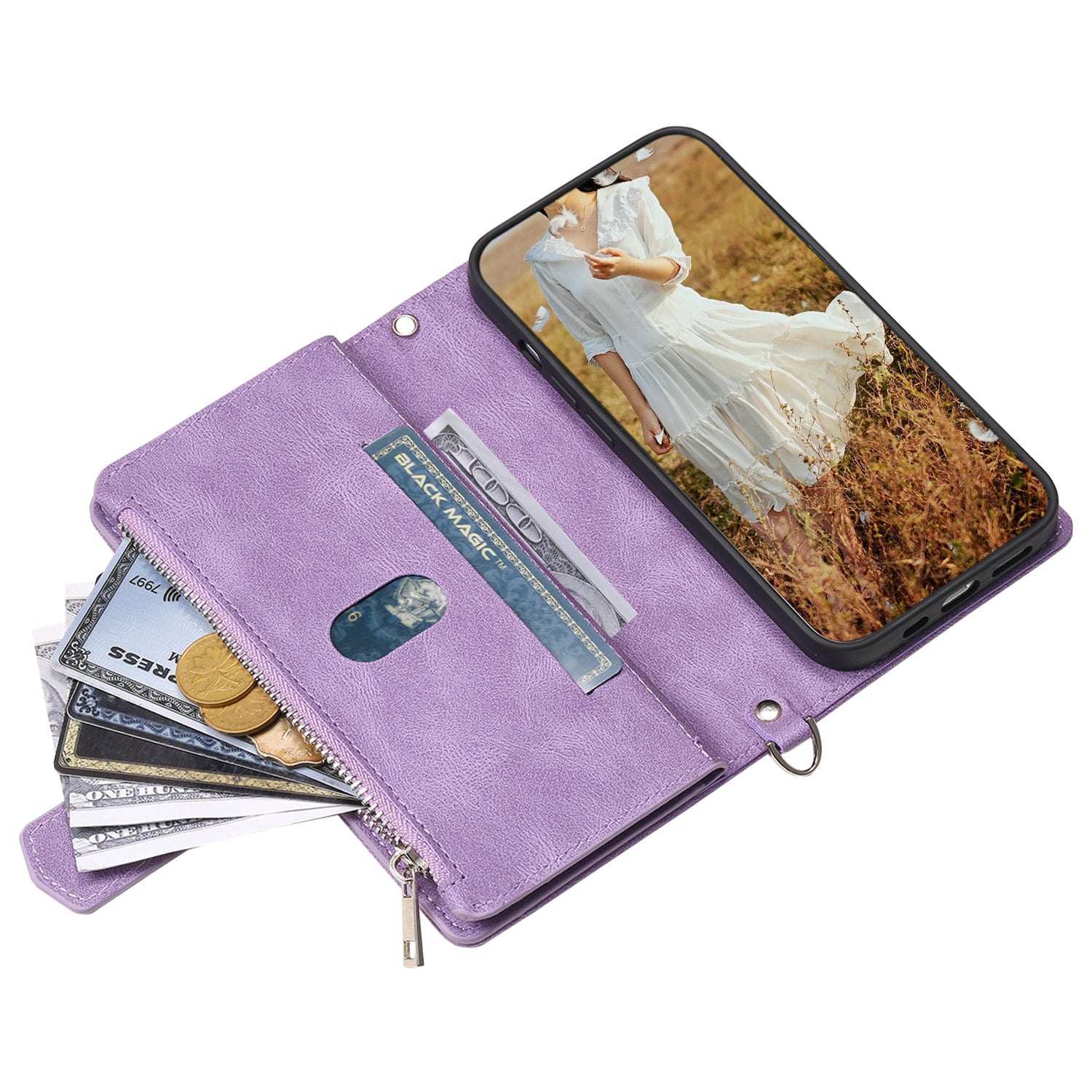Zippered Wallet Phone Cover for iPhone 15 Pro PU Leather Flip Cover Rhombus Texture Anti-Drop Phone Case with Strap - Purple