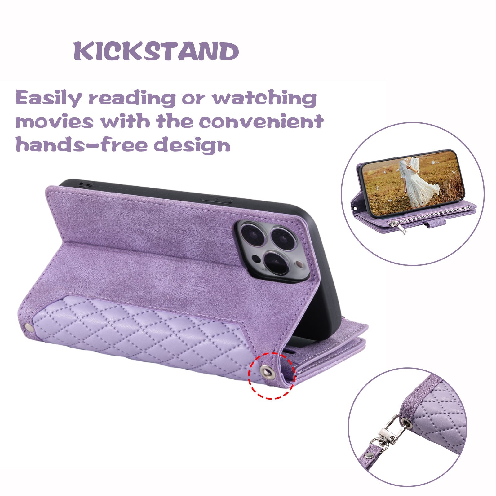 Zippered Wallet Phone Cover for iPhone 15 Pro PU Leather Flip Cover Rhombus Texture Anti-Drop Phone Case with Strap - Purple