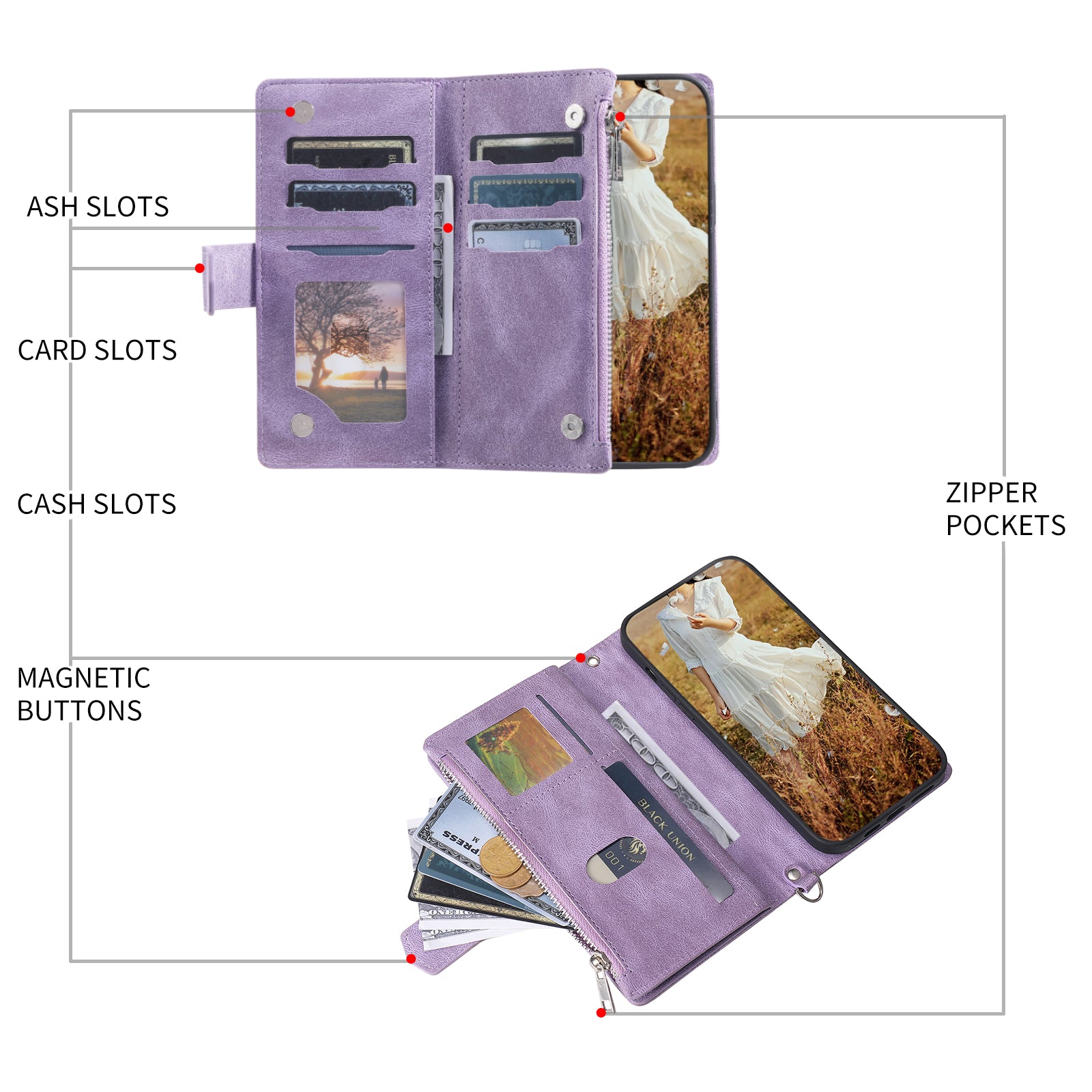 Zippered Wallet Phone Cover for iPhone 15 Pro PU Leather Flip Cover Rhombus Texture Anti-Drop Phone Case with Strap - Purple