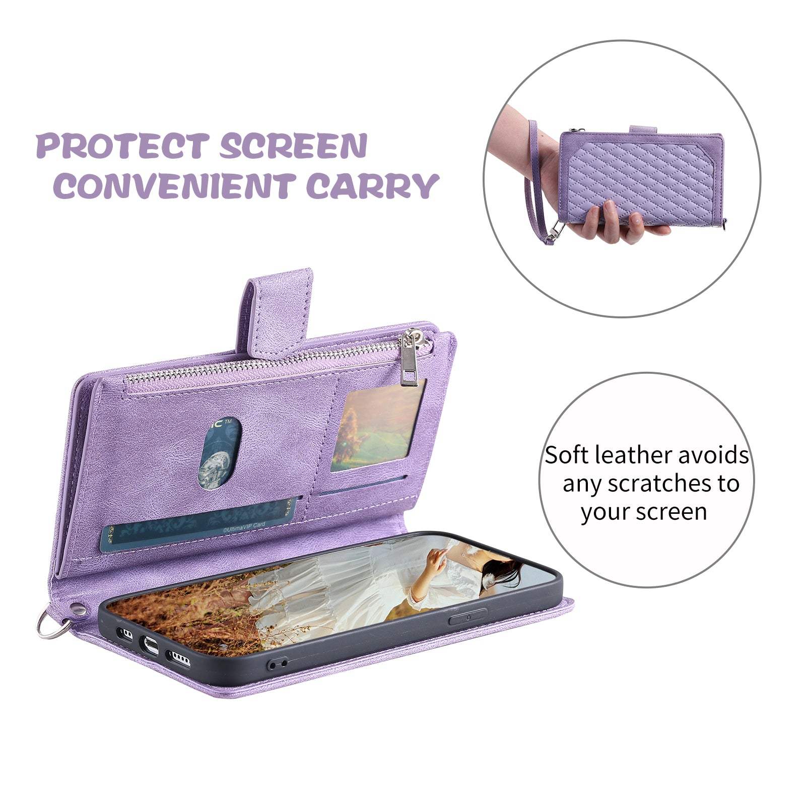 Zippered Wallet Phone Cover for iPhone 15 Pro PU Leather Flip Cover Rhombus Texture Anti-Drop Phone Case with Strap - Purple