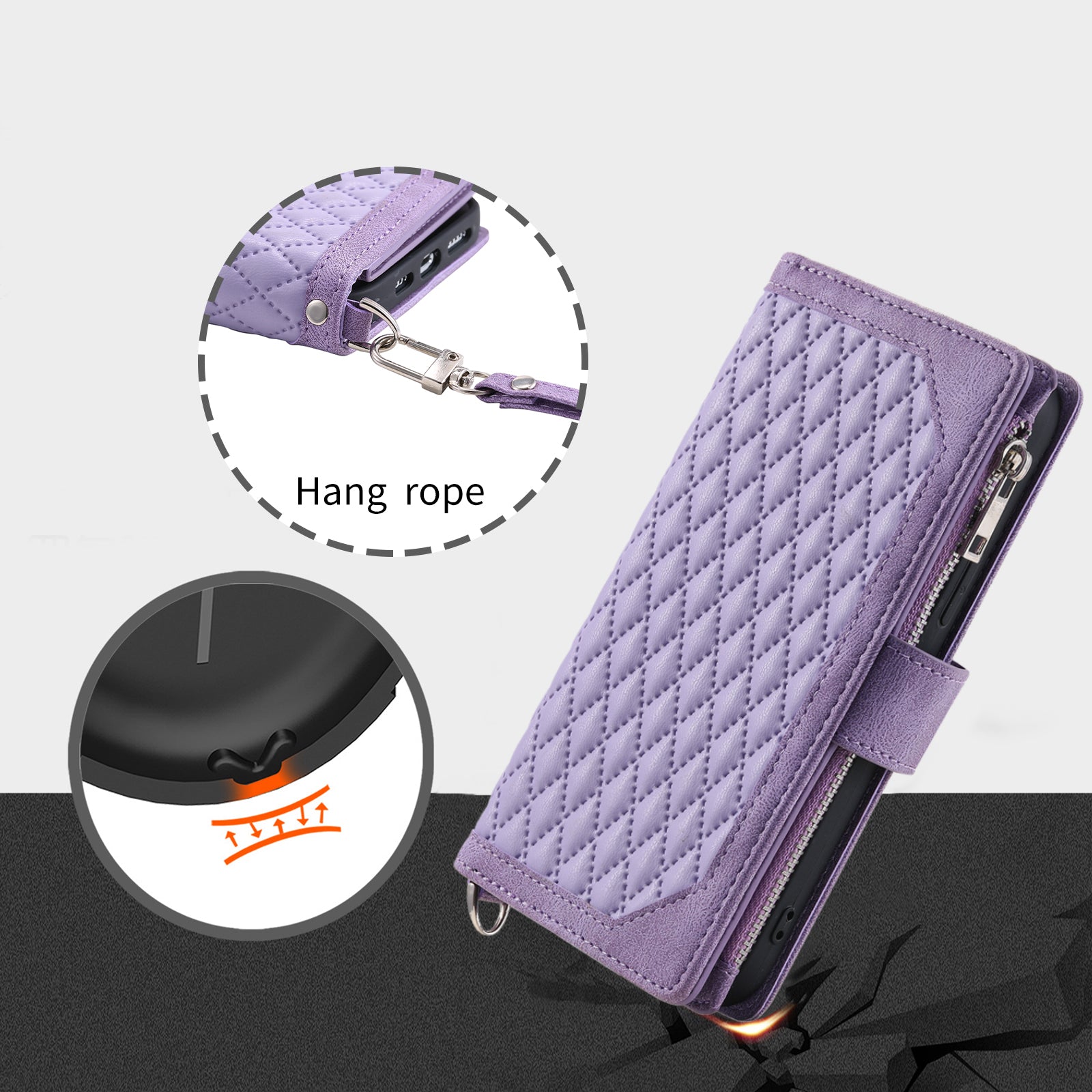 Zippered Wallet Phone Cover for iPhone 15 Pro PU Leather Flip Cover Rhombus Texture Anti-Drop Phone Case with Strap - Purple