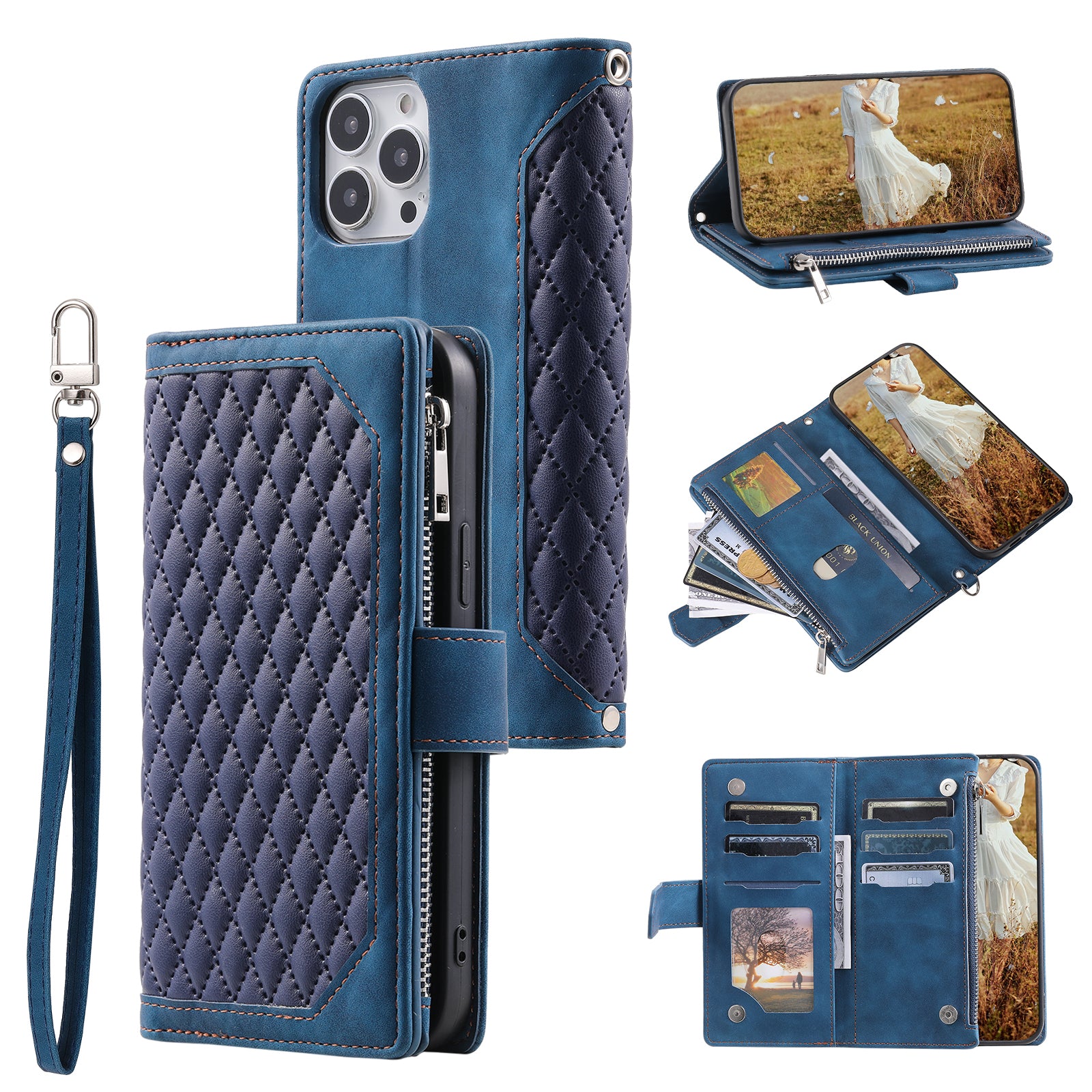 Zippered Wallet Phone Cover for iPhone 15 Pro PU Leather Flip Cover Rhombus Texture Anti-Drop Phone Case with Strap - Blue