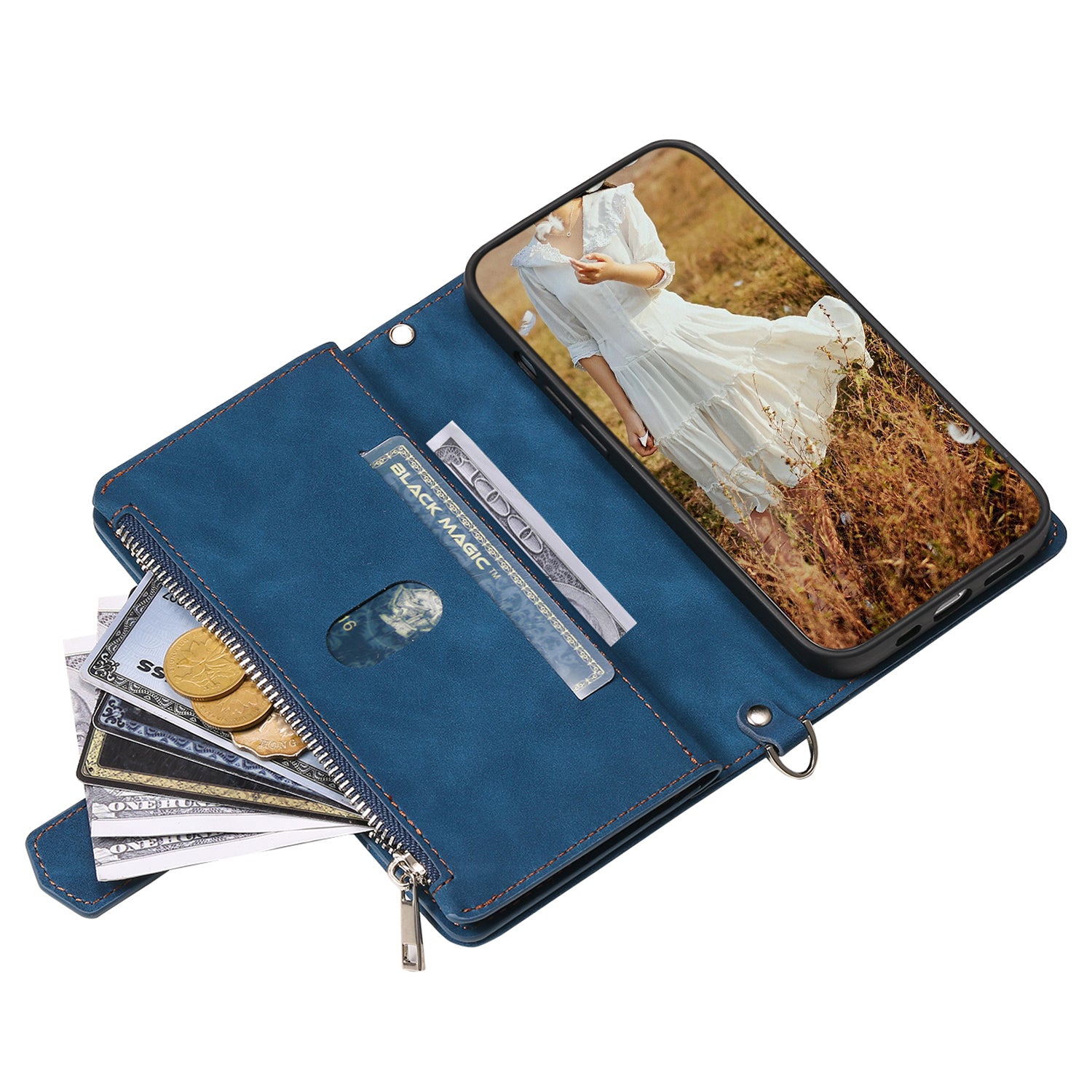 Zippered Wallet Phone Cover for iPhone 15 Pro PU Leather Flip Cover Rhombus Texture Anti-Drop Phone Case with Strap - Blue