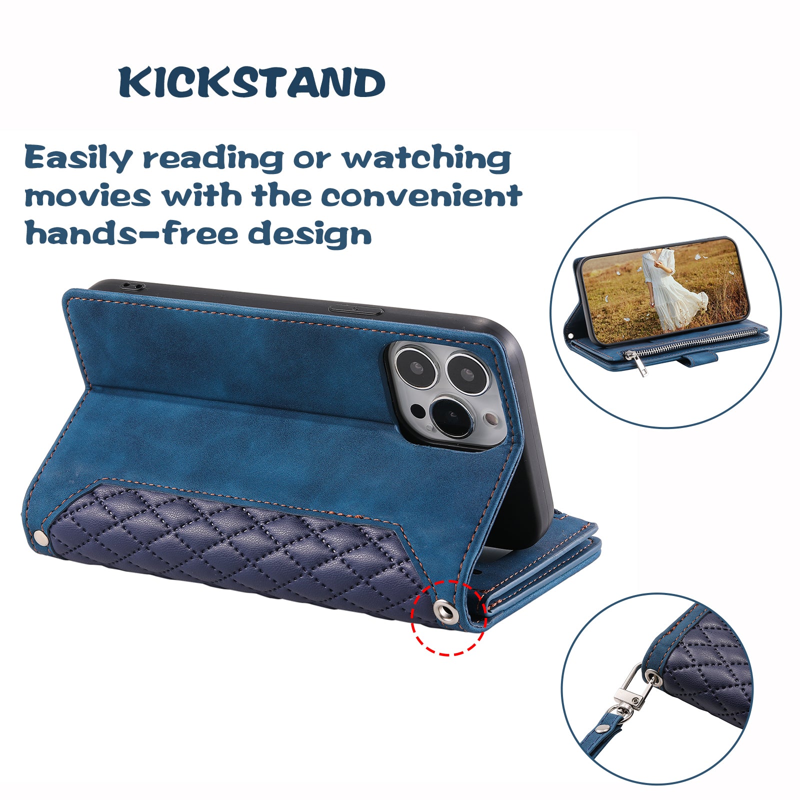 Zippered Wallet Phone Cover for iPhone 15 Pro PU Leather Flip Cover Rhombus Texture Anti-Drop Phone Case with Strap - Blue