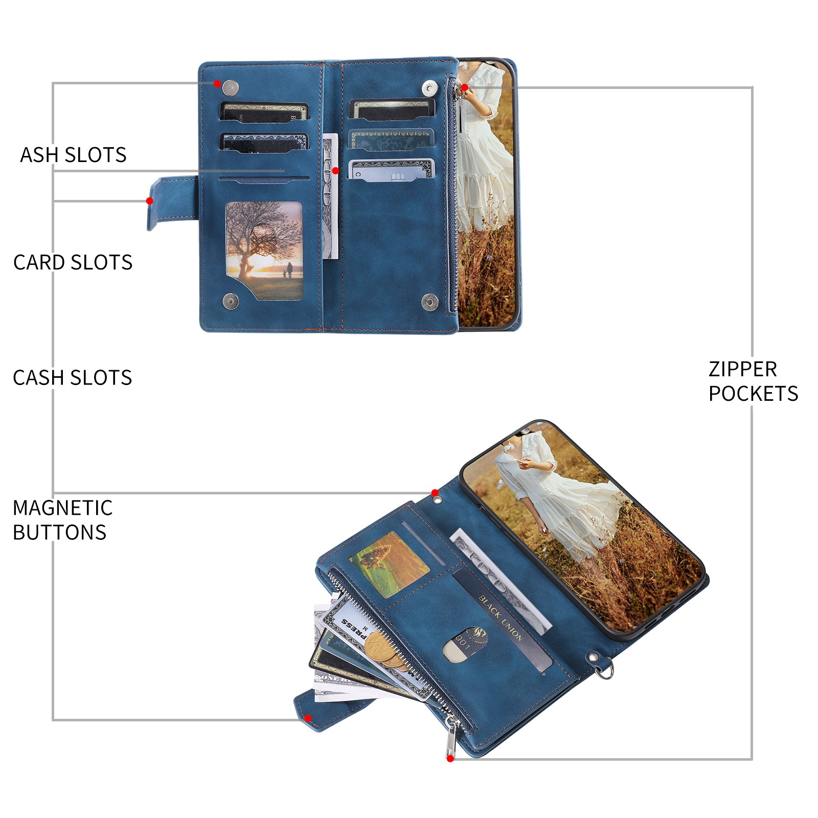 Zippered Wallet Phone Cover for iPhone 15 Pro PU Leather Flip Cover Rhombus Texture Anti-Drop Phone Case with Strap - Blue